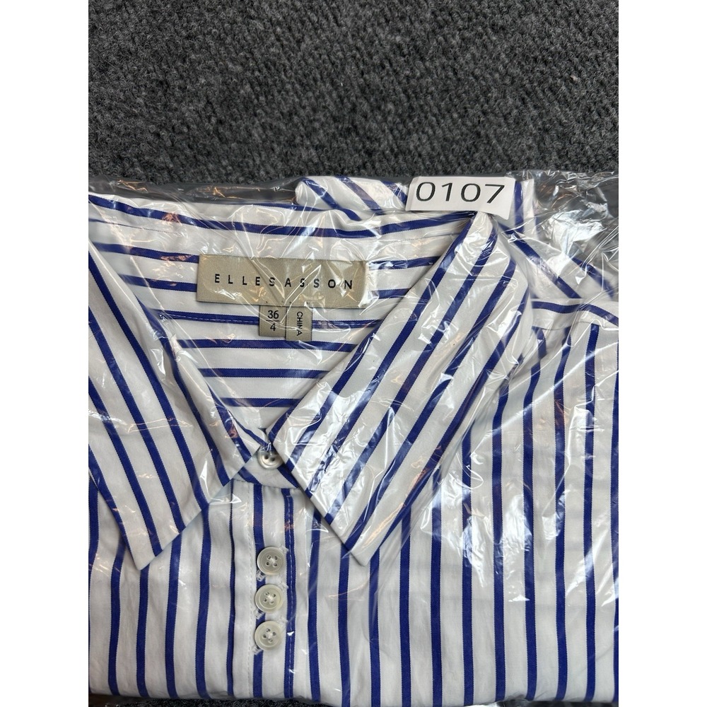 Elle Sasson 4 36 Blue White 100% Cotton Striped Button Down Shirt Top Asymmetric - Picture 9 of 9